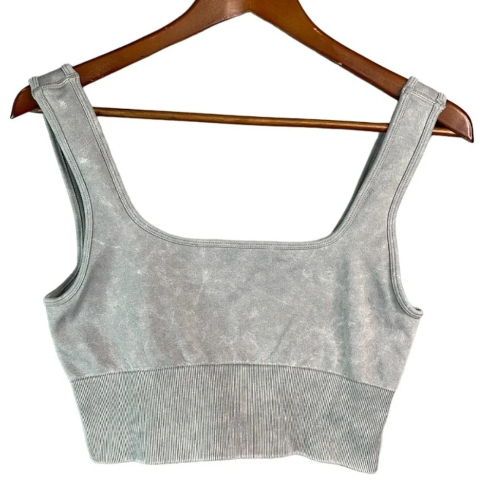 GUESS Grey Crop Tank Top/Sports Bra Logo Nylon  Stretch Acid Wash 80’s Vibe M/L